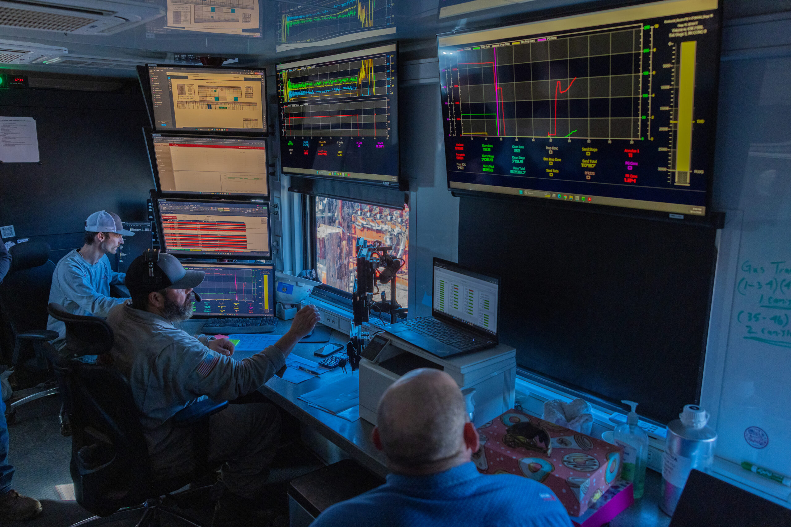 Three oil and gas workers monitor multiple screens displaying real-time drilling and hydraulic fracturing data inside a darkened command center trailer, with a view of the wellsite through the window.
